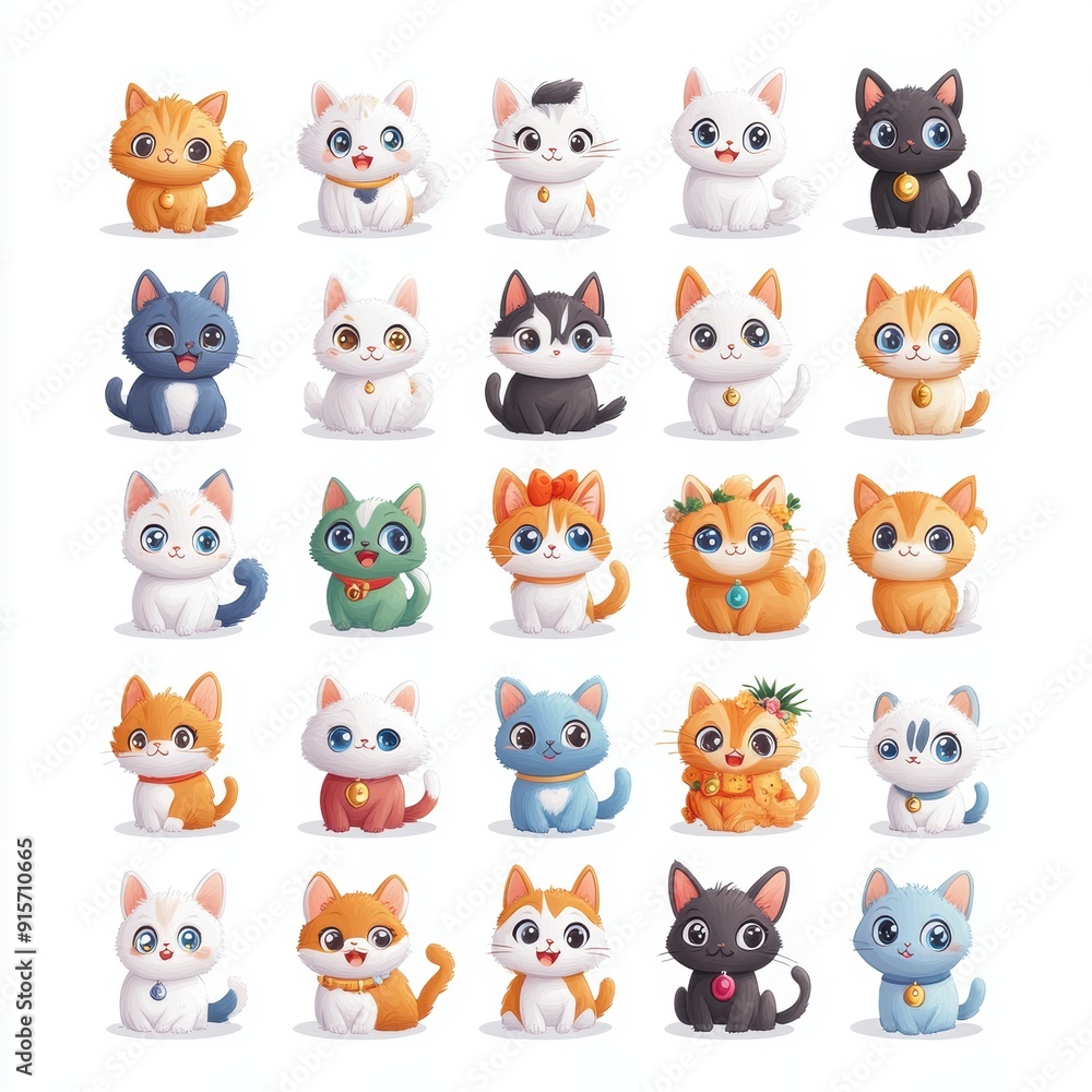 Cute cartoon cats in various colors, featuring playful expressions and distinct patterns, perfect for children's artwork or merchandise. Cute cartoon cats in various colors, featuring playful expressions and distinct patterns, perfect for children's artwork or merchandise.