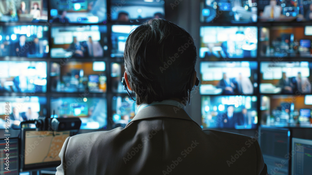 A man wearing a headset stands in front of a wall of television screens and monitors security operations. Digital security officer. Back view. A man wearing a headset stands in front of a wall of television screens and monitors security operations. Digital security officer. Back view.