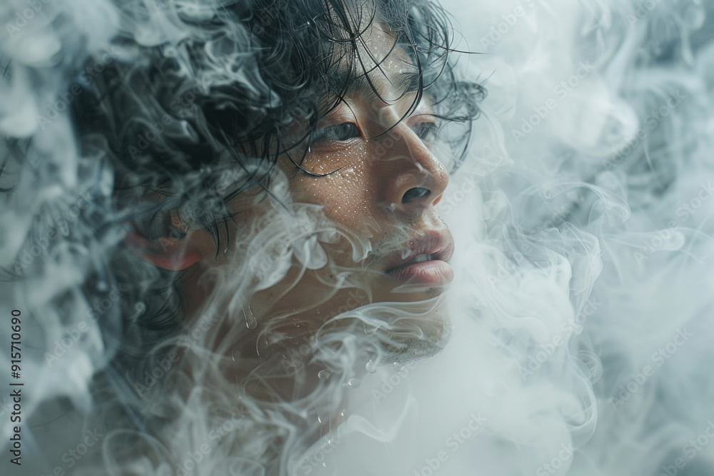 Man with intense gaze surrounded by ethereal smoke mist Man with intense gaze surrounded by ethereal smoke mist