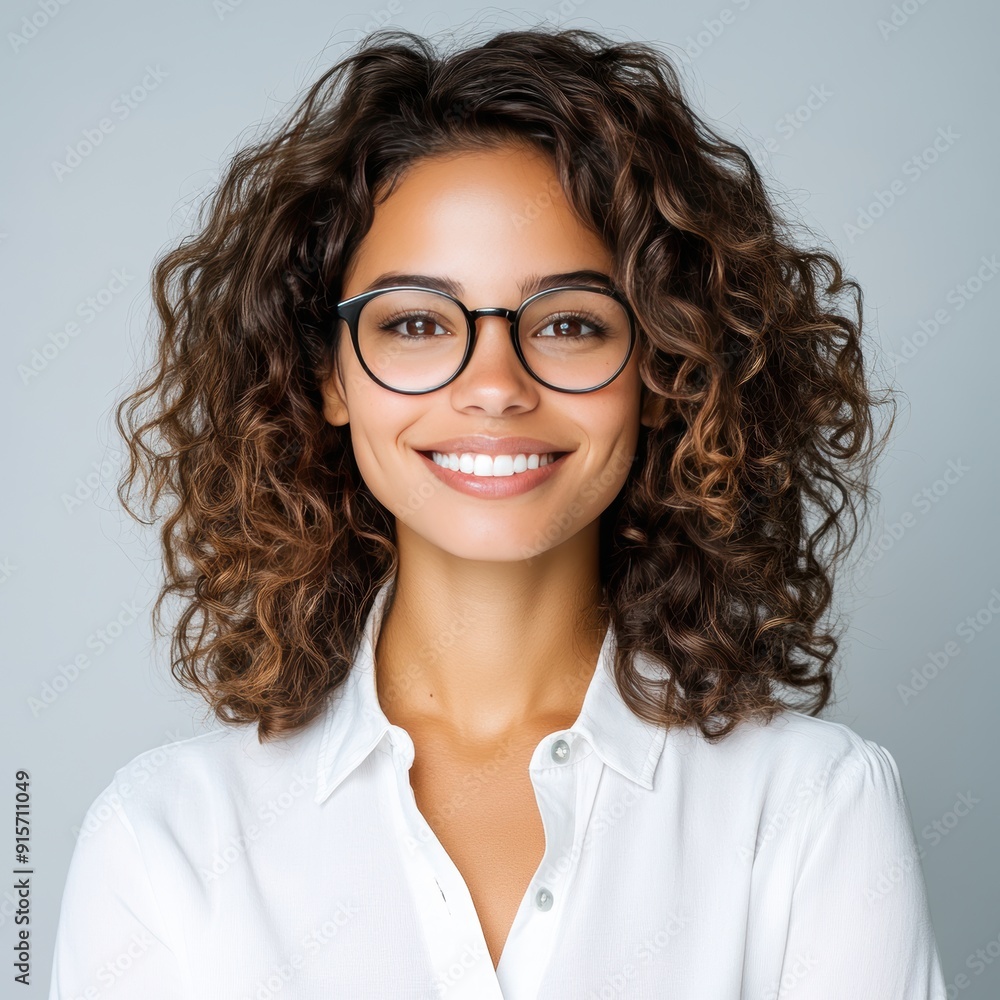 Obraz premium A cheerful woman with curly hair and glasses, dressed in a white shirt, showcasing confidence and professionalism.