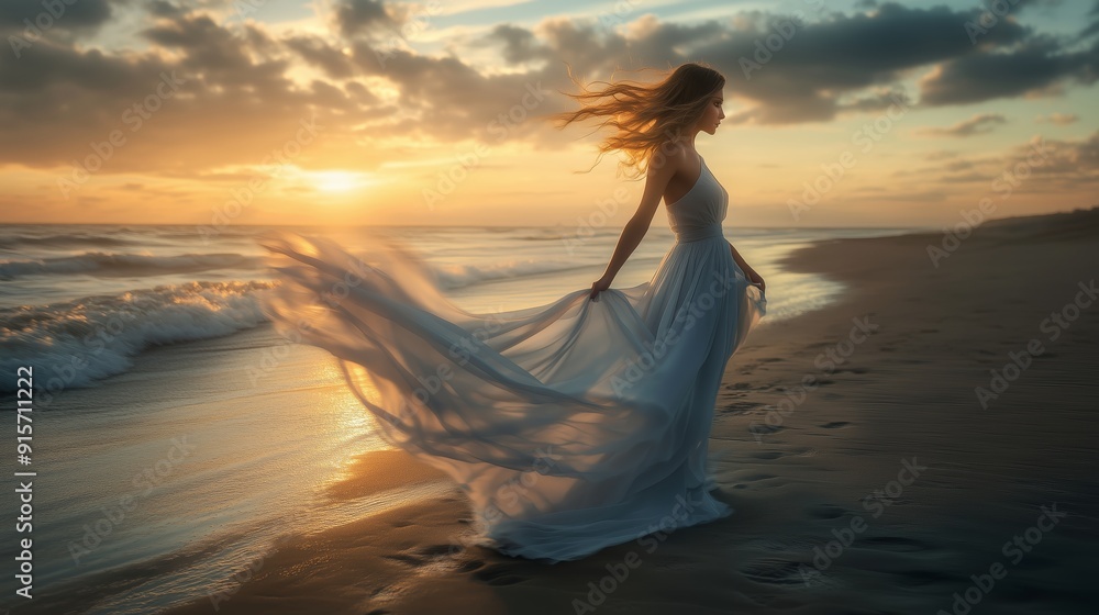 A woman in a flowing white dress walking along the beach at sunset A woman in a flowing white dress walking along the beach at sunset
