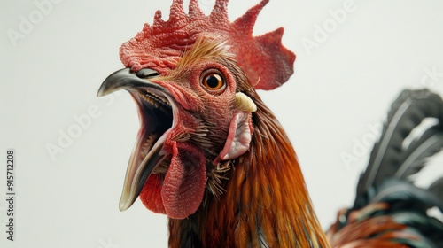 Majestic rooster with a vibrant plumage and expressive eyes against a plain white background