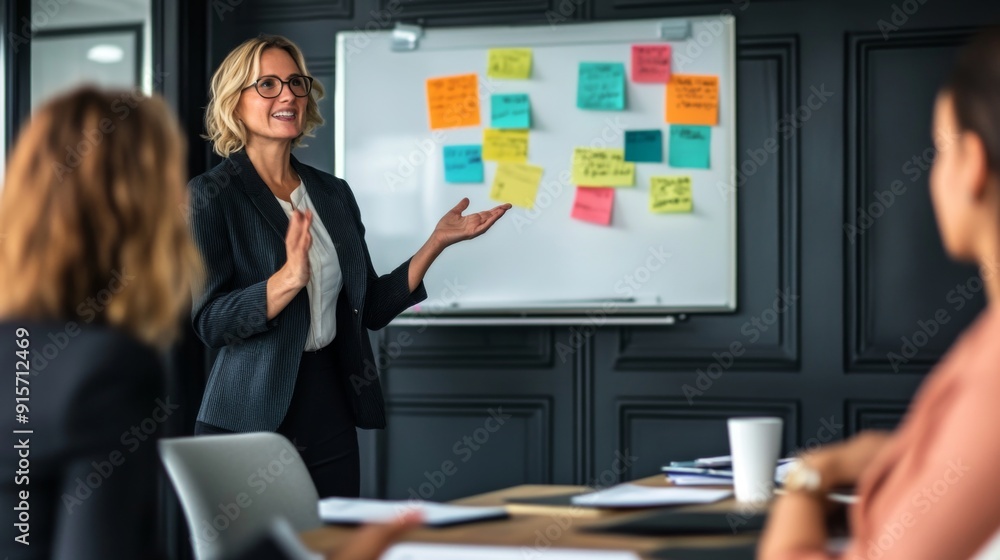 A dynamic businesswoman in a meeting, gesturing as she presents her ideas to colleagues, with a whiteboard in the background. A dynamic businesswoman in a meeting, gesturing as she presents her ideas to colleagues, with a whiteboard in the background.