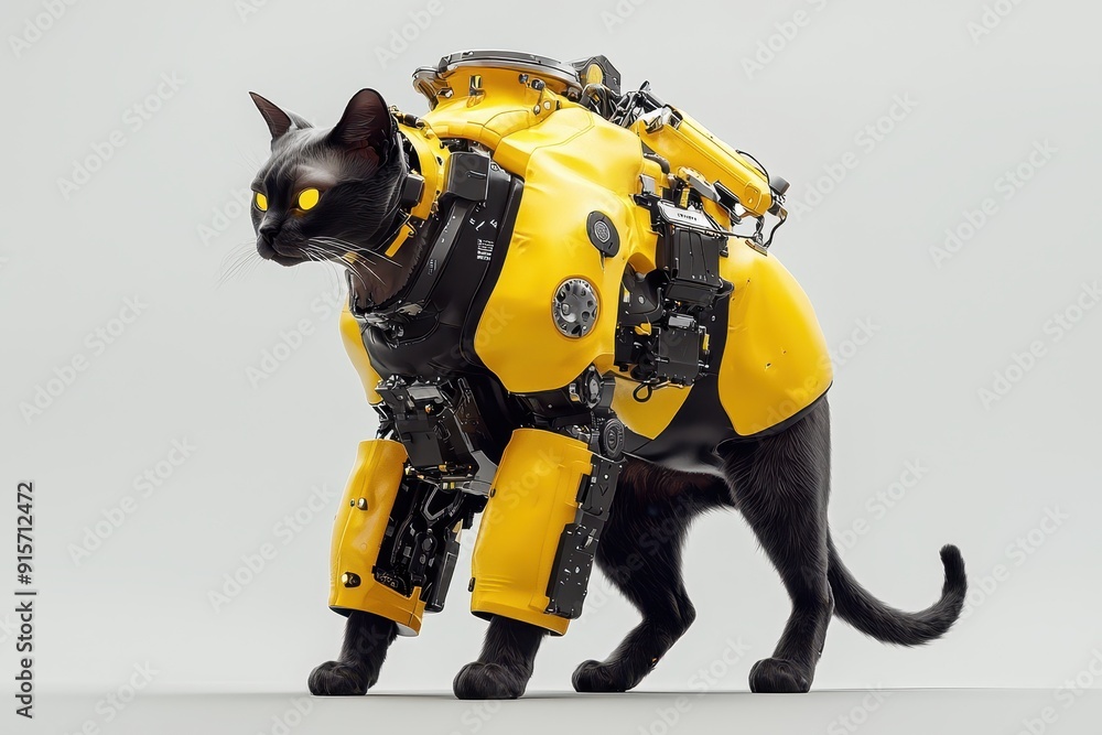 Siamese Cyborg Warrior, a standing mechanical cat adorned in striking yellow and black cyberpunk attire, showcasing advanced technology and fierce design in a futuristic setting Siamese Cyborg Warrior, a standing mechanical cat adorned in striking yellow and black cyberpunk attire, showcasing advanced technology and fierce design in a futuristic setting