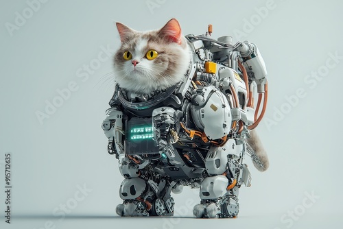 Cyborg Warrior Cat, an imposing British Shorthair transformed into a mechanical fighter, clad in vibrant cyberpunk attire, ready for a futuristic battle in a vivid digital world. photo