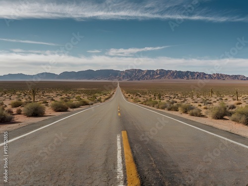 Straight Road through Desert towards Mountains