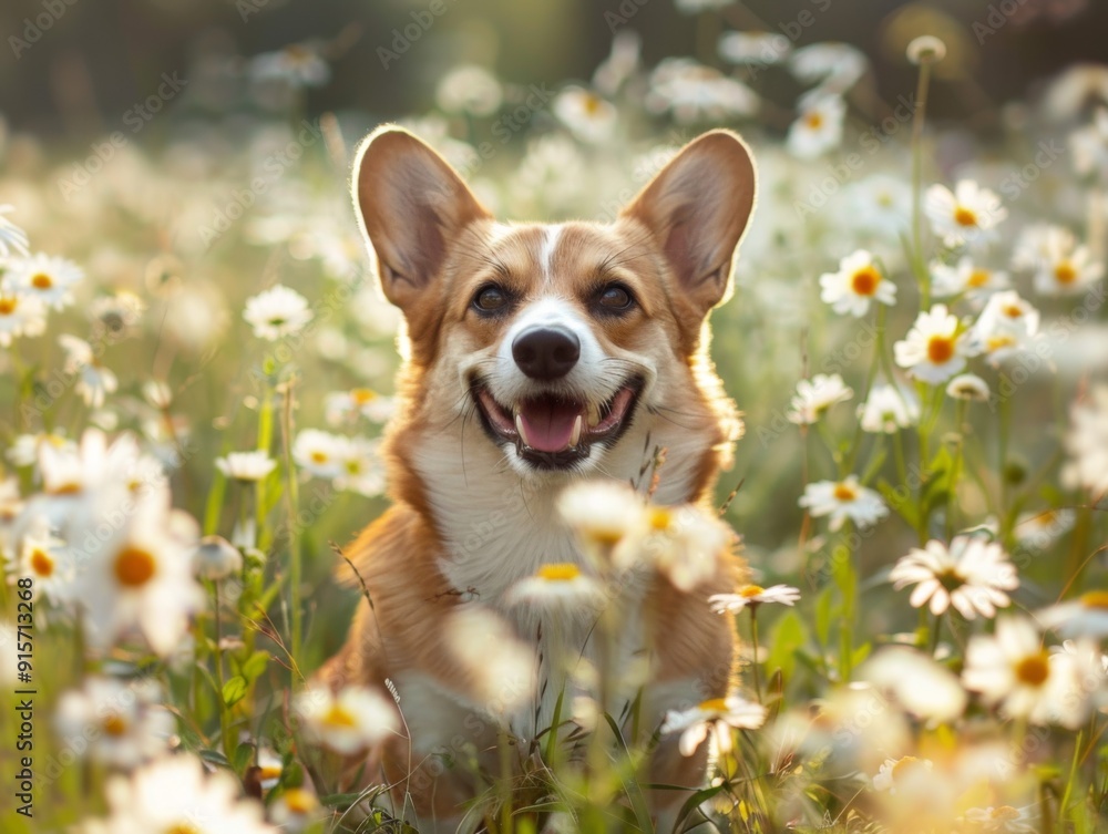 A Smiling Corgi Dog in a Field of Daisies A Smiling Corgi Dog in a Field of Daisies