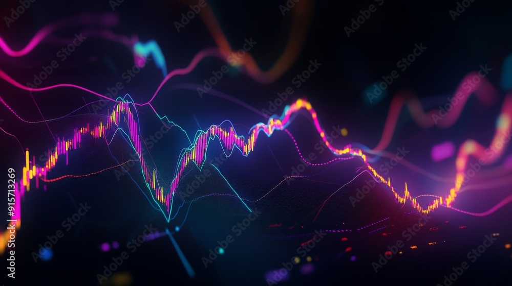 A dynamic stock chart with vibrant lines and candlestick patterns on a dark background, illustrating market analysis. A dynamic stock chart with vibrant lines and candlestick patterns on a dark background, illustrating market analysis.