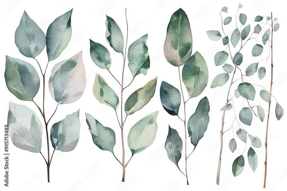 Watercolor illustration of four green eucalyptus branches isolated on white. Watercolor illustration of four green eucalyptus branches isolated on white.