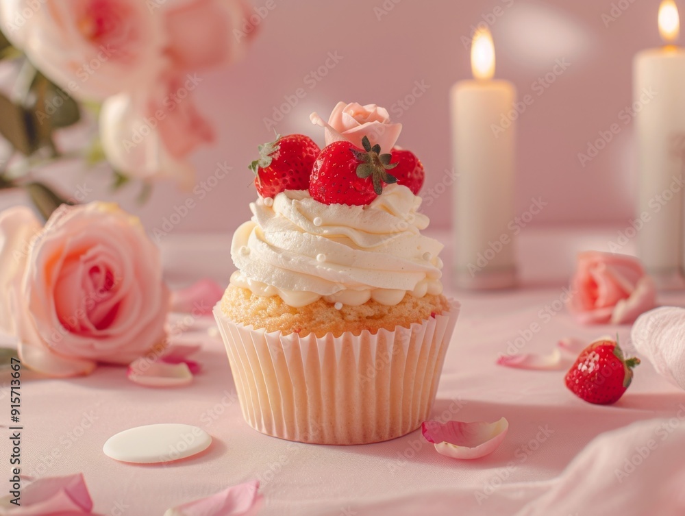 A Delectable Cupcake Decorated with Strawberries and a Rose, Surrounded by Pink Flowers and Petals A Delectable Cupcake Decorated with Strawberries and a Rose, Surrounded by Pink Flowers and Petals