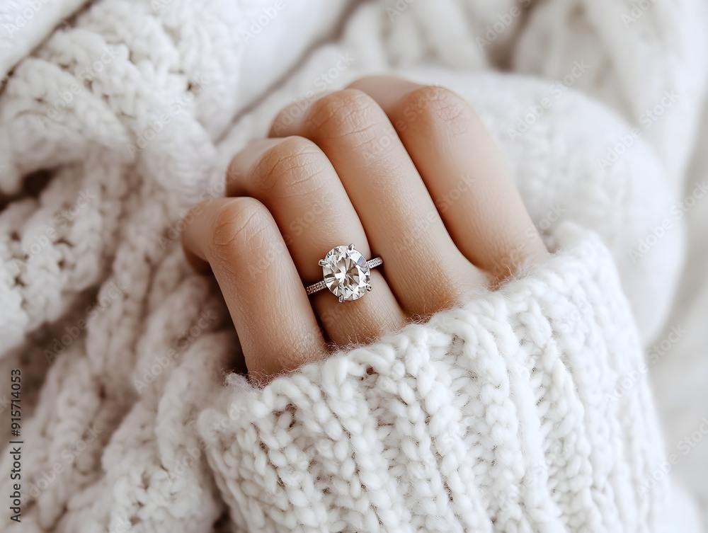 Photo of a beautiful female hand with long fingers, a ring and a white knitted sweater on a white background Photo of a beautiful female hand with long fingers, a ring and a white knitted sweater on a white background