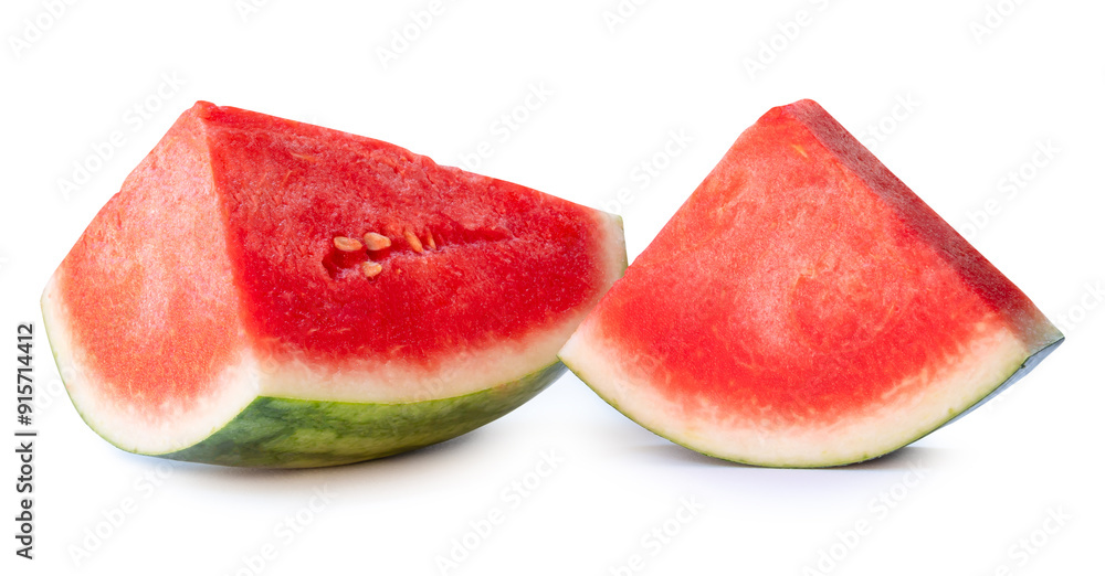 Front view of red watermelon slices or quarters in stack isolated on white background with clipping path Front view of red watermelon slices or quarters in stack isolated on white background with clipping path