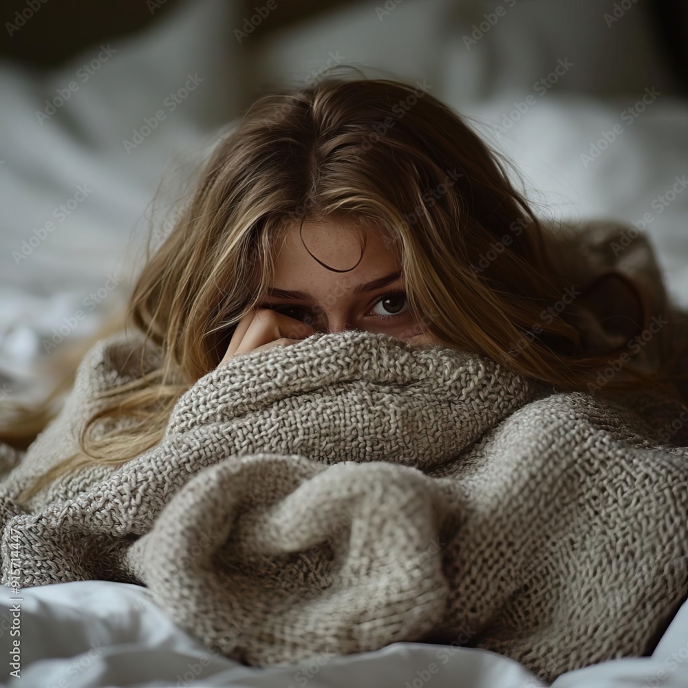 Girl curled up in bed, pulling the blanket over her face, with just her hair peeking out, hiding and cozy Girl curled up in bed, pulling the blanket over her face, with just her hair peeking out, hiding and cozy