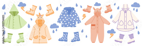 Set of childs raincoats, romper and rubber boots. Vector illustrations of rainy season clothers. Cartoon style illustration isolated on a white background.