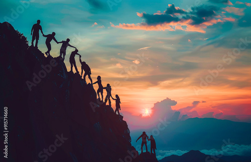 Silhouette of team work together and help each other to reach the top with board, working concept, sunset sky background