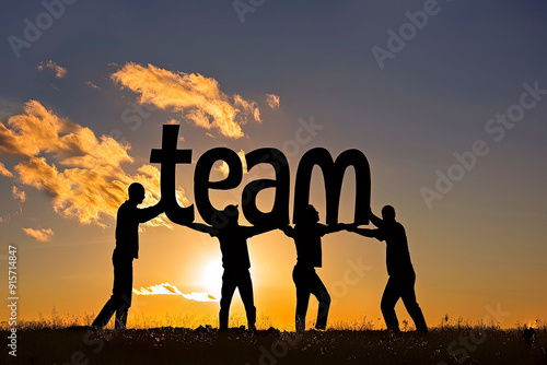 Silhouette of team work together and help each other to reach the top with board, working concept, sunset sky background photo