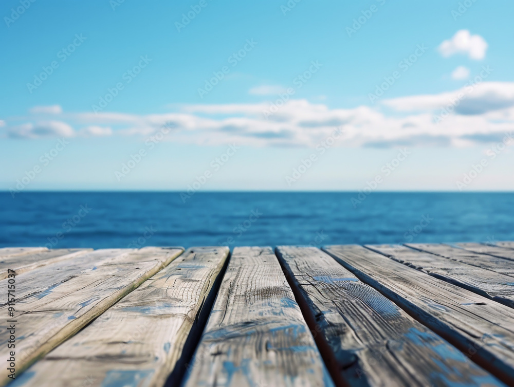 Fototapeta premium Wooden Deck Overlooking a Blue Ocean and Sky