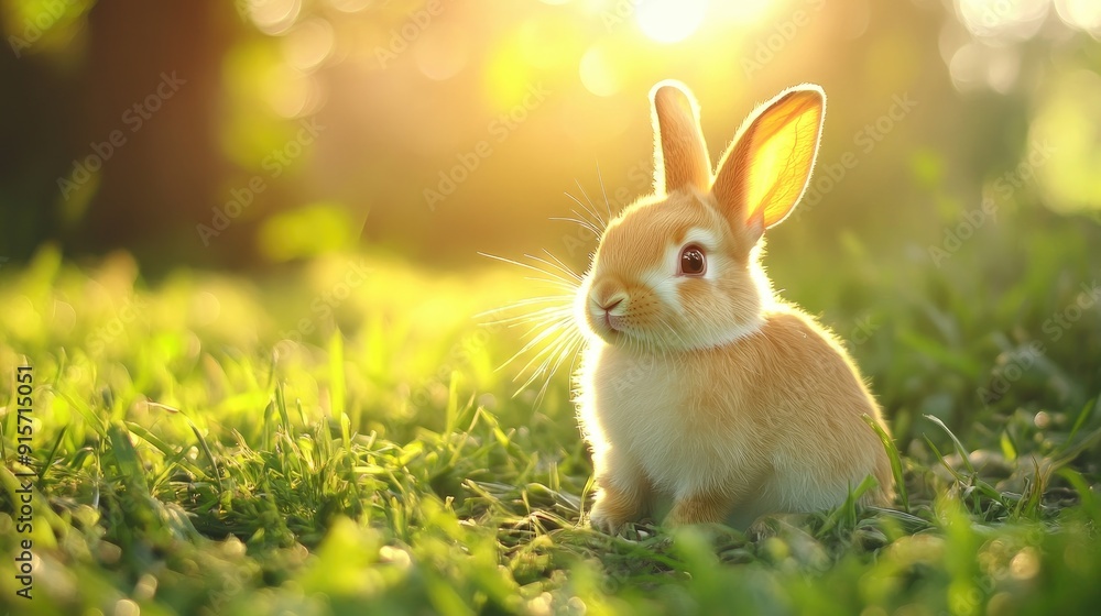 A Fluffy Bunny in the Grass with the Sun Shining Behind it A Fluffy Bunny in the Grass with the Sun Shining Behind it