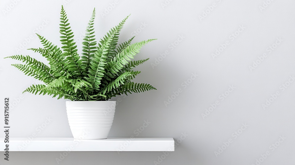 Tranquil Modern Bathroom Decor with Boston Fern on White Shelf, Copy Space for Text, Interior Design Concept Tranquil Modern Bathroom Decor with Boston Fern on White Shelf, Copy Space for Text, Interior Design Concept