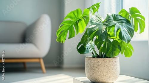 Modern Monstera Plant in Stylish Pot with Copy Space in Bright Minimal Decor Room