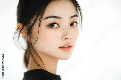 Beautiful young asian woman with clean fresh skin on white background. Face care, Facial treatment concept