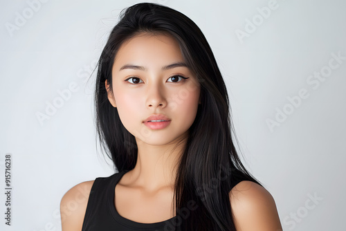 Beautiful young asian woman with clean fresh skin on white background. Face care, Facial treatment concept