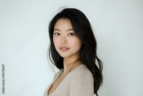 Beautiful young asian woman with clean fresh skin on white background. Face care, Facial treatment concept