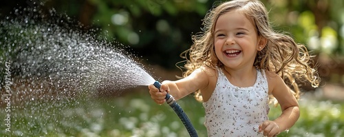 Happy child girl running through the backyard, spraying water with a garden hose, laughter and joy filling the air, playing with garden hose, carefree and lively