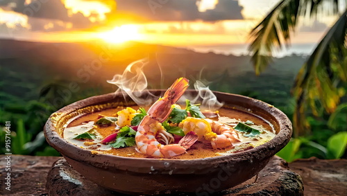 Shrimp moqueca in palm oil in a clay bowl, a typical dish of Bahian cuisine photo