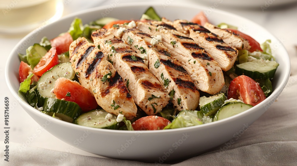 Bowl of Greek salad with grilled chicken and a light vinaigrette nutrient dense high protein lunch Bowl of Greek salad with grilled chicken and a light vinaigrette nutrient dense high protein lunch