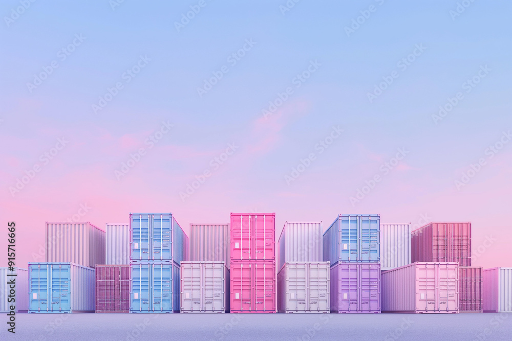 Pink modular containers are stacked vertically at the port, creating a dreamlike, whimsical community space for office and recreational use.. Pink modular containers are stacked vertically at the port, creating a dreamlike, whimsical community space for office and recreational use..