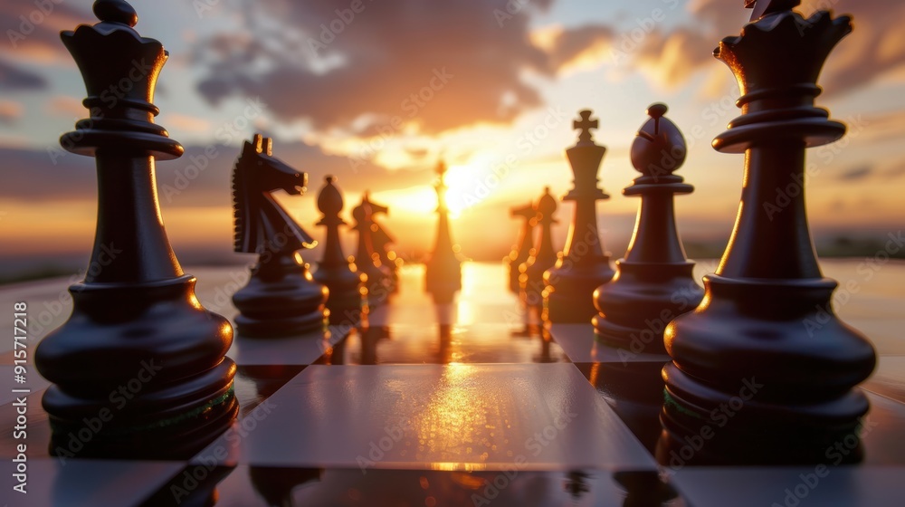 On a reflective chessboard, a dramatic close-up of the black chess king surrounded by other pieces and bathed in intense light, embodies the concepts of strategy and power. On a reflective chessboard, a dramatic close-up of the black chess king surrounded by other pieces and bathed in intense light, embodies the concepts of strategy and power.