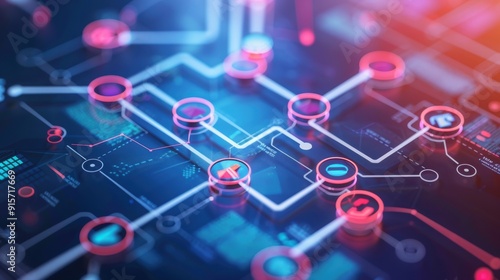 A glowing futuristic interface depicting a digital network with interconnected data points and pathways, symbolizing technology, connectivity, and data flow.