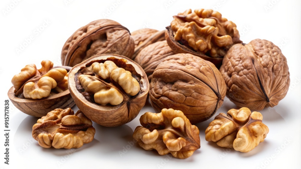 Freshly cracked whole walnuts and halved walnut kernels scattered on a clean white background, showcasing their rich brown color and intricate texture. Freshly cracked whole walnuts and halved walnut kernels scattered on a clean white background, showcasing their rich brown color and intricate texture.