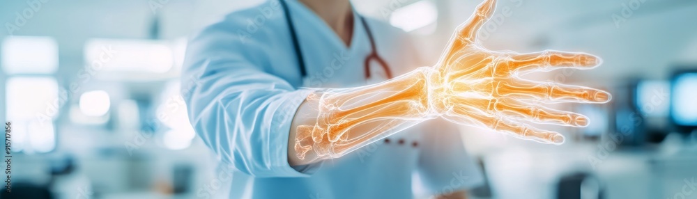 Naklejka premium Advanced Healing Technology Holographic Wounded Arm Therapy in Modern Medical Facility