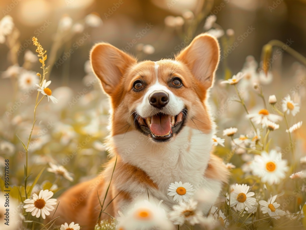 A Smiling Corgi Surrounded by Daisies in a Field A Smiling Corgi Surrounded by Daisies in a Field