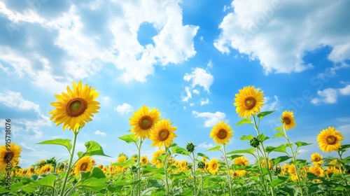 panorama of blooming sunflowers against a blue sky background