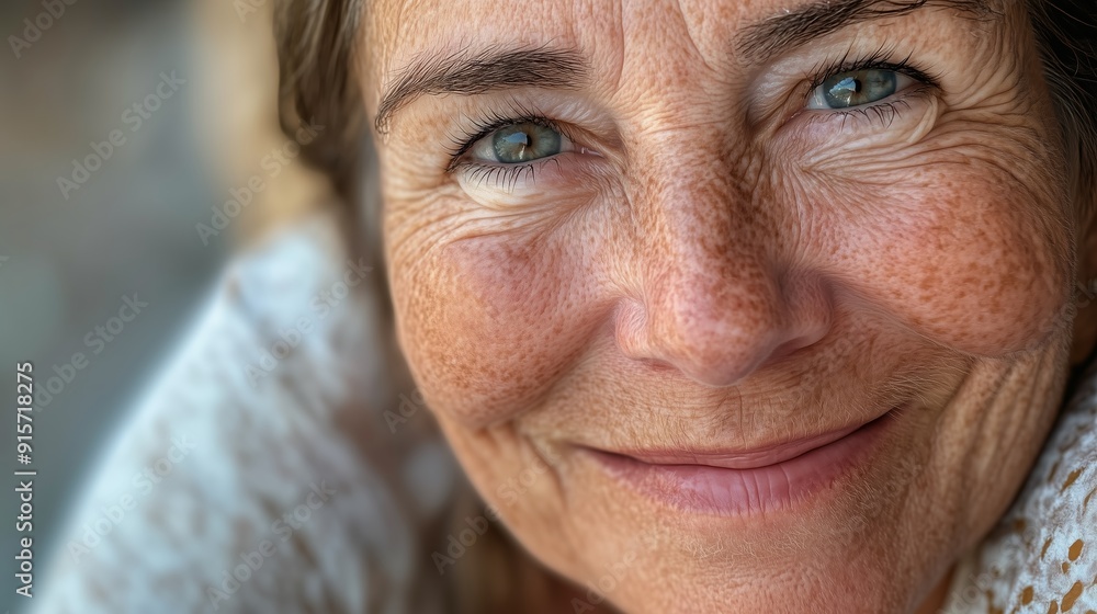 A close-up of a smiling woman enjoying a sunny day outdoors, showcasing natural beauty and joy A close-up of a smiling woman enjoying a sunny day outdoors, showcasing natural beauty and joy