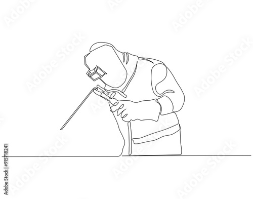 Continuous one line drawing of welder using welding machine. One line drawing illustration of welder holding welding. Contruction project concept vector. Editable outline