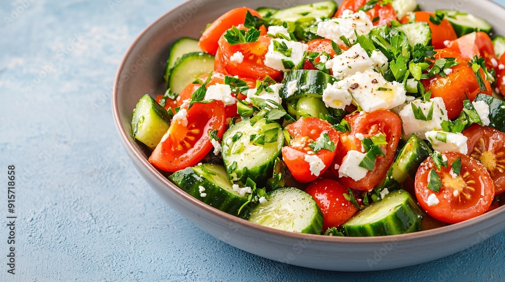 Bowl of tomato and cucumber salad with feta cheese and herbs refreshing nutrient rich low calorie dish Bowl of tomato and cucumber salad with feta cheese and herbs refreshing nutrient rich low calorie dish
