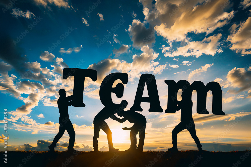 Silhouette of team work together and help each other to reach the top with board, working concept, sunset sky background Silhouette of team work together and help each other to reach the top with board, working concept, sunset sky background