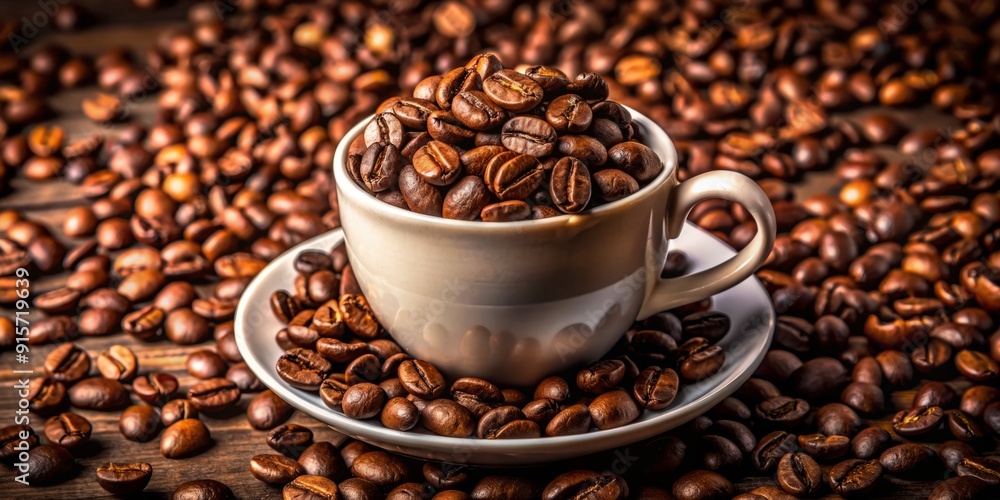 Fototapeta premium Freshly roasted aromatic coffee beans overflow from a white ceramic cup, their rich brown hues and varied shapes evoking a sense of warmth and inviting fragrance.
