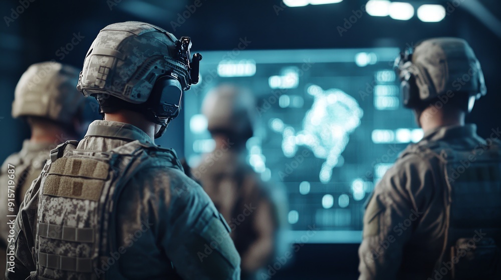 Strategic Military Briefing Squad in Full Gear Analyzing Enemy Positions on Holographic Map in Command Center Strategic Military Briefing Squad in Full Gear Analyzing Enemy Positions on Holographic Map in Command Center