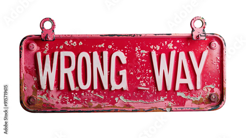 Rusty Vintage 'Wrong Way' Road Sign Isolated on White Background