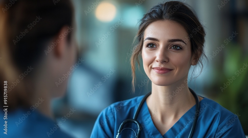 A woman in a blue scrubs is smiling at the camera A woman in a blue scrubs is smiling at the camera