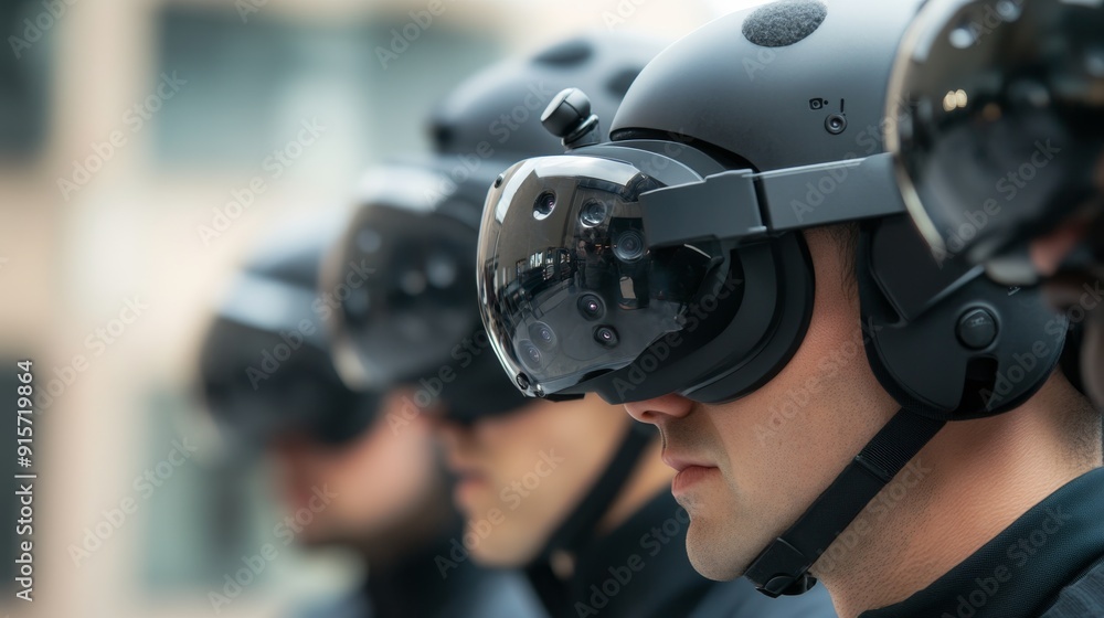 Fototapeta premium Elite Tactical Team Training with Augmented Reality Goggles in Urban Simulation