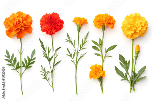 Collection marigolds flowers isolated on a white background