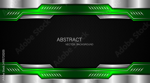 Abstract green and silver polygons on dark steel mesh background. with free space for design. modern technology innovation concept background	