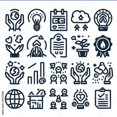 ESG Icon editable stroke outline icons set. Environment, social, governance, sustain, development, achievement, earth and ecological. Vector