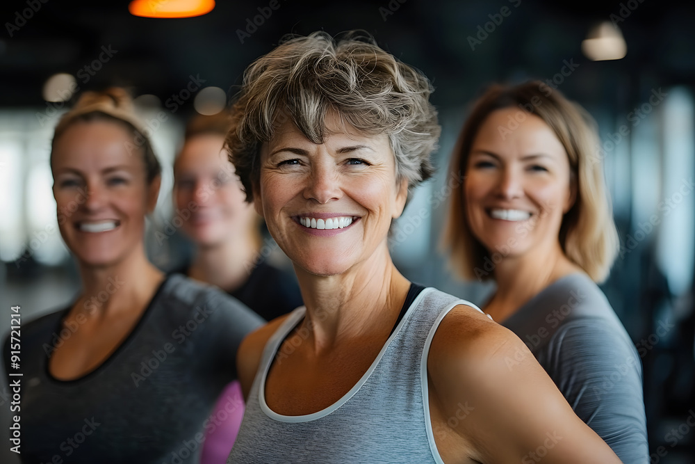 Smiling portrait of a group of middle aged women in sports clothes in a gym Smiling portrait of a group of middle aged women in sports clothes in a gym